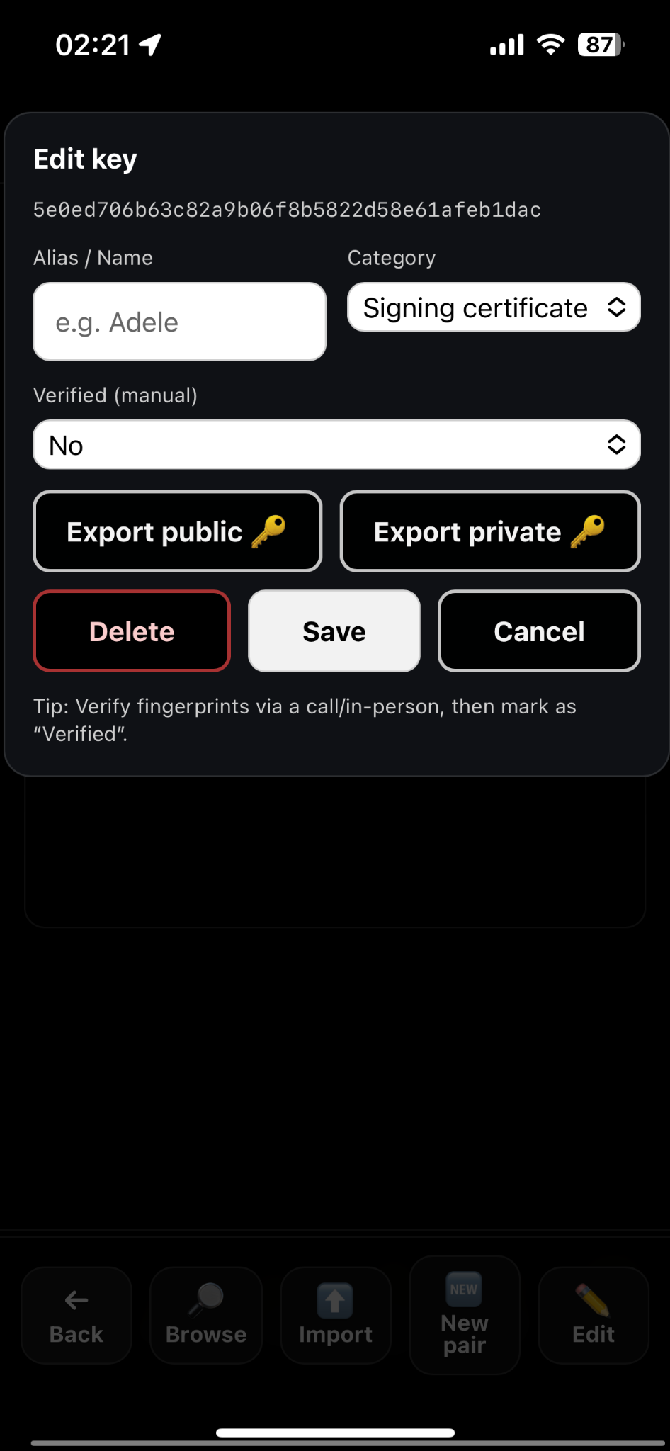 Edit key – set Category to Signing certificate