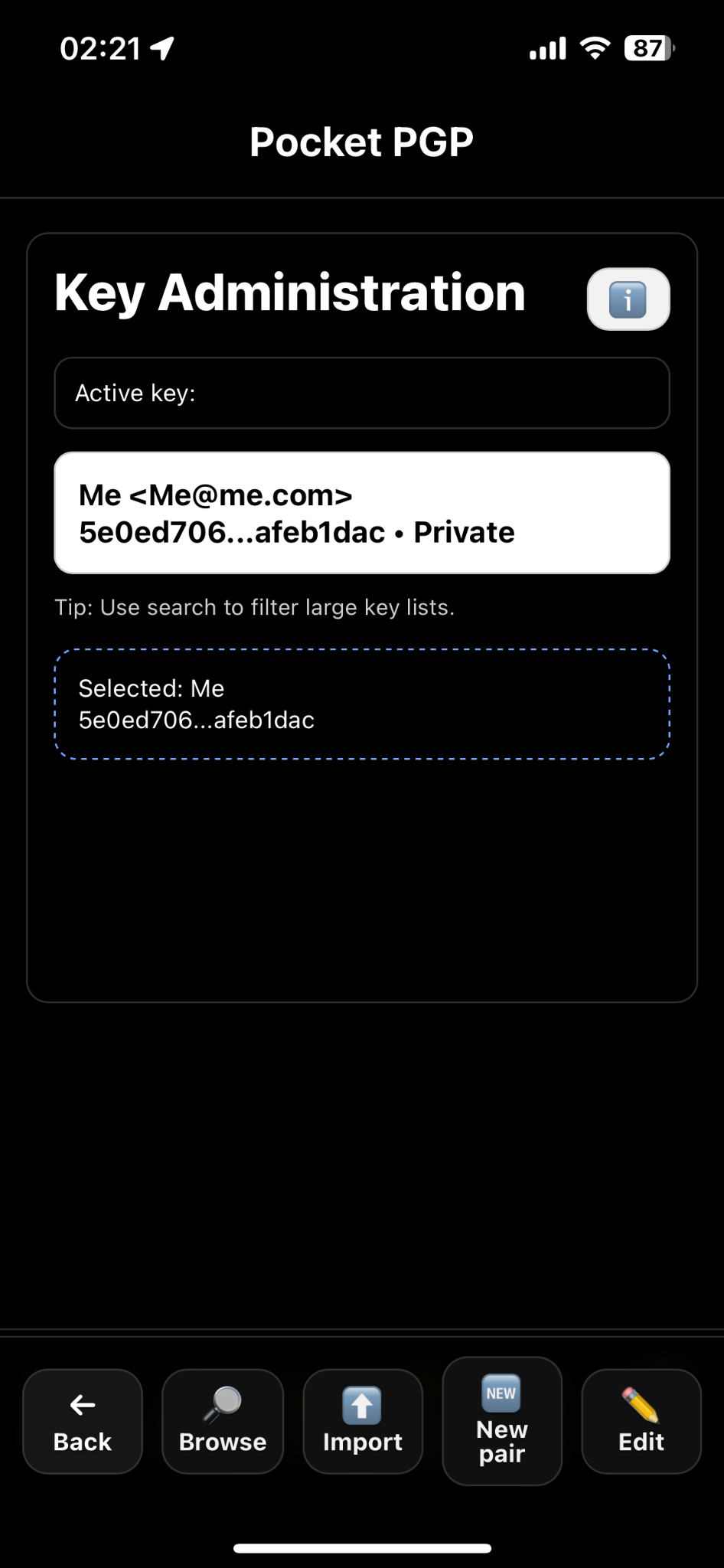 Pocket-PGP Key Administration screen