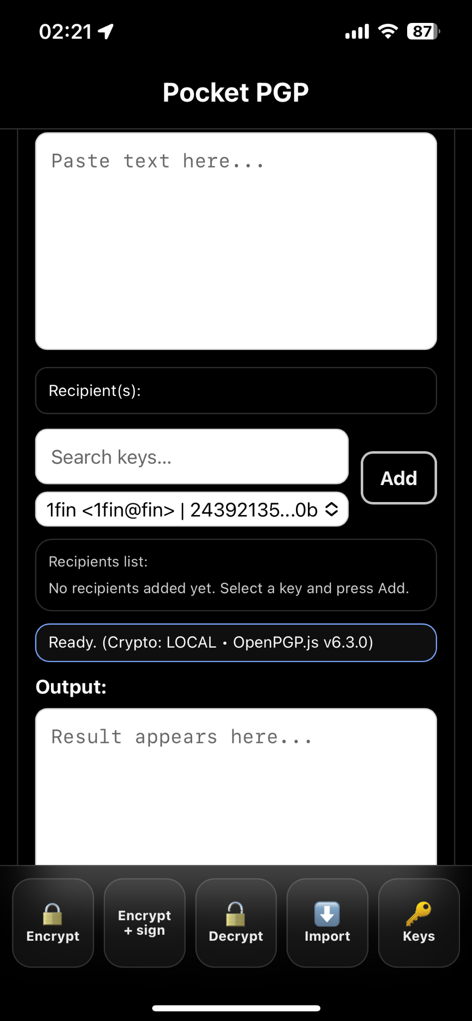 Pocket-PGP main screen